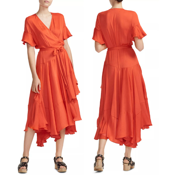 Maje Retta V-Neck Ruffle Asymmetric Midi Wrap Dress Orange Women's Size 1 / S - Picture 1 of 5